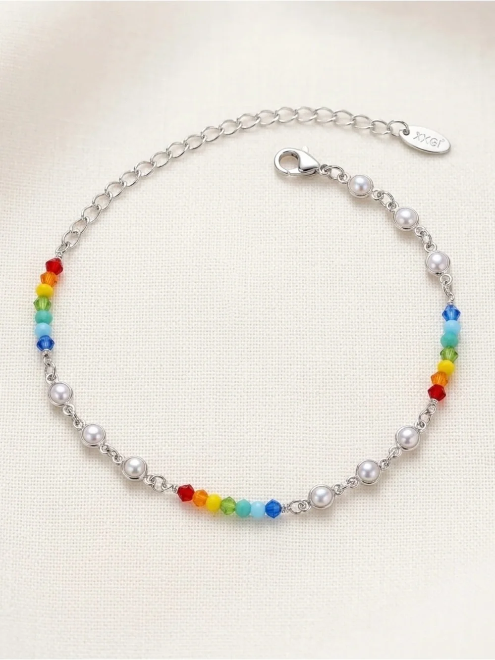 3/$40! Rainbow Crystal & Pearl Anklet Platinum Plated - Water Resistant Summer